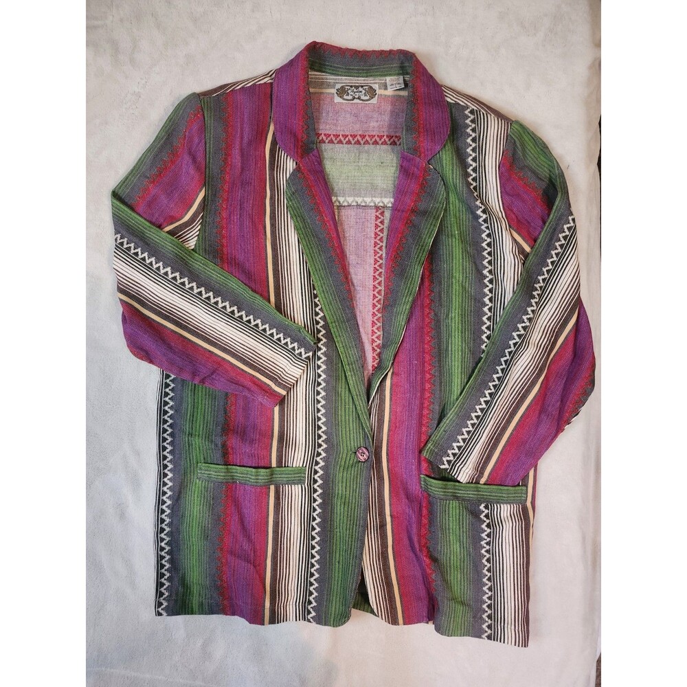 VTG 90s Angelique NYC Southwestern Striped Blazer Jacket M L Woven Cotton Boho